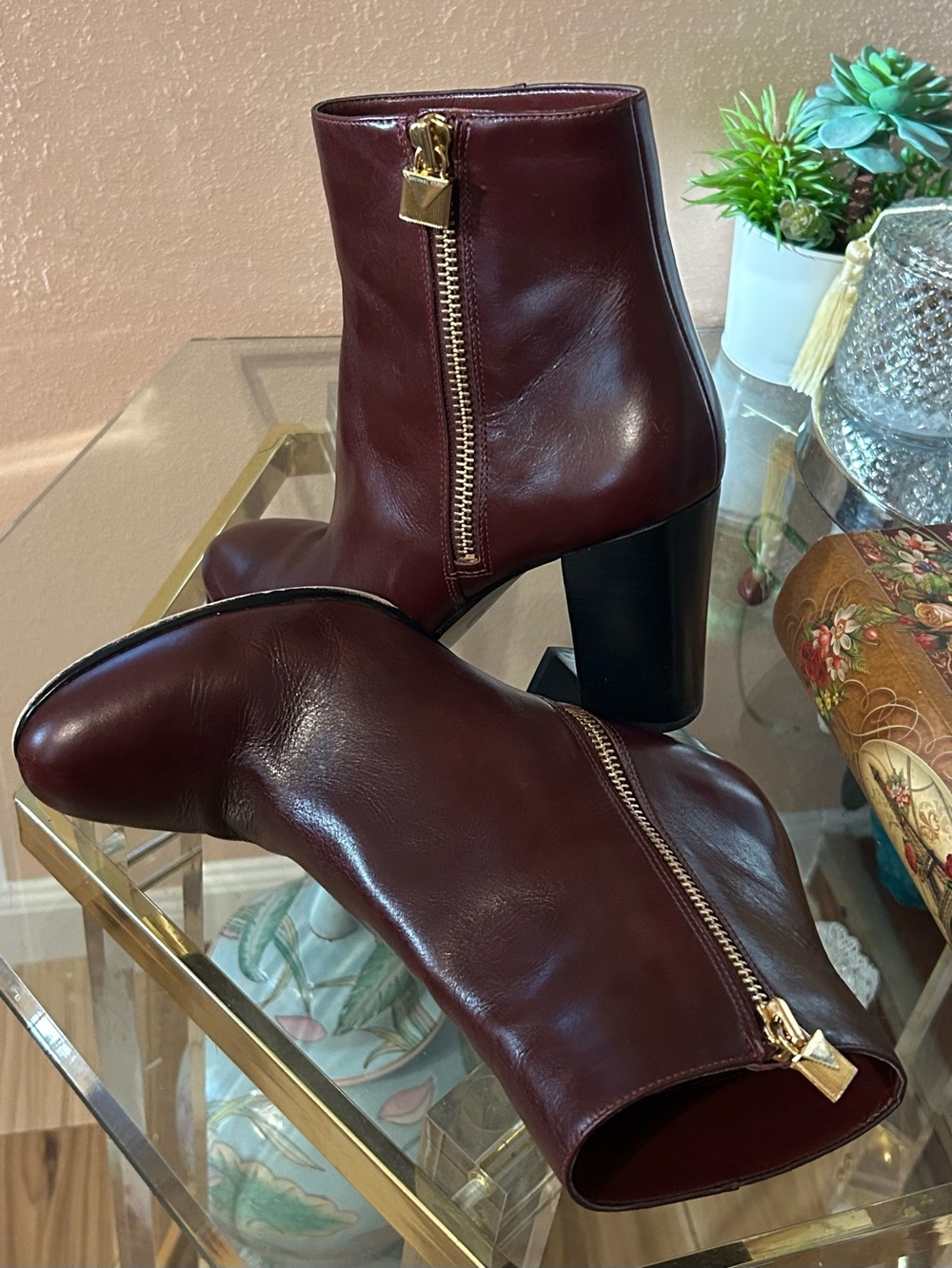 MK Michael Kors Margaret Burgundy Leather Block Heel Ankle Boots Size 9.5